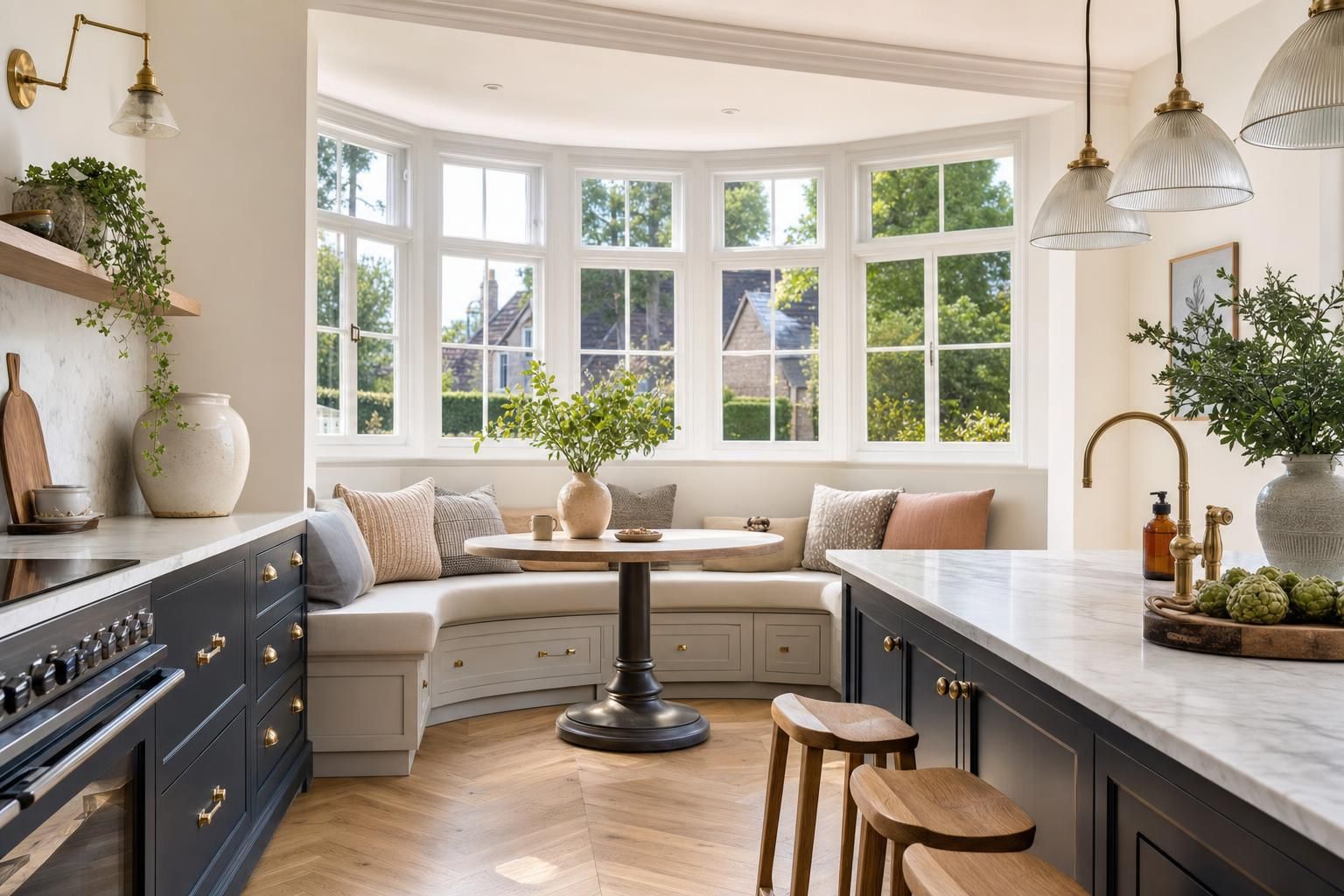 Bay Window Kitchen Ideas for Homes with Seating Storage and Better Natural Light