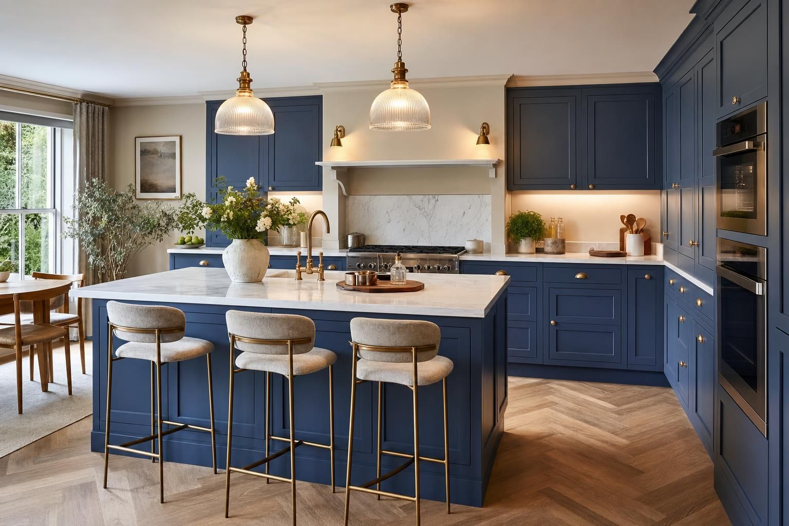 Blue Kitchen Ideas for Homes with Painted Cabinets Warm Metals and Layered Lighting