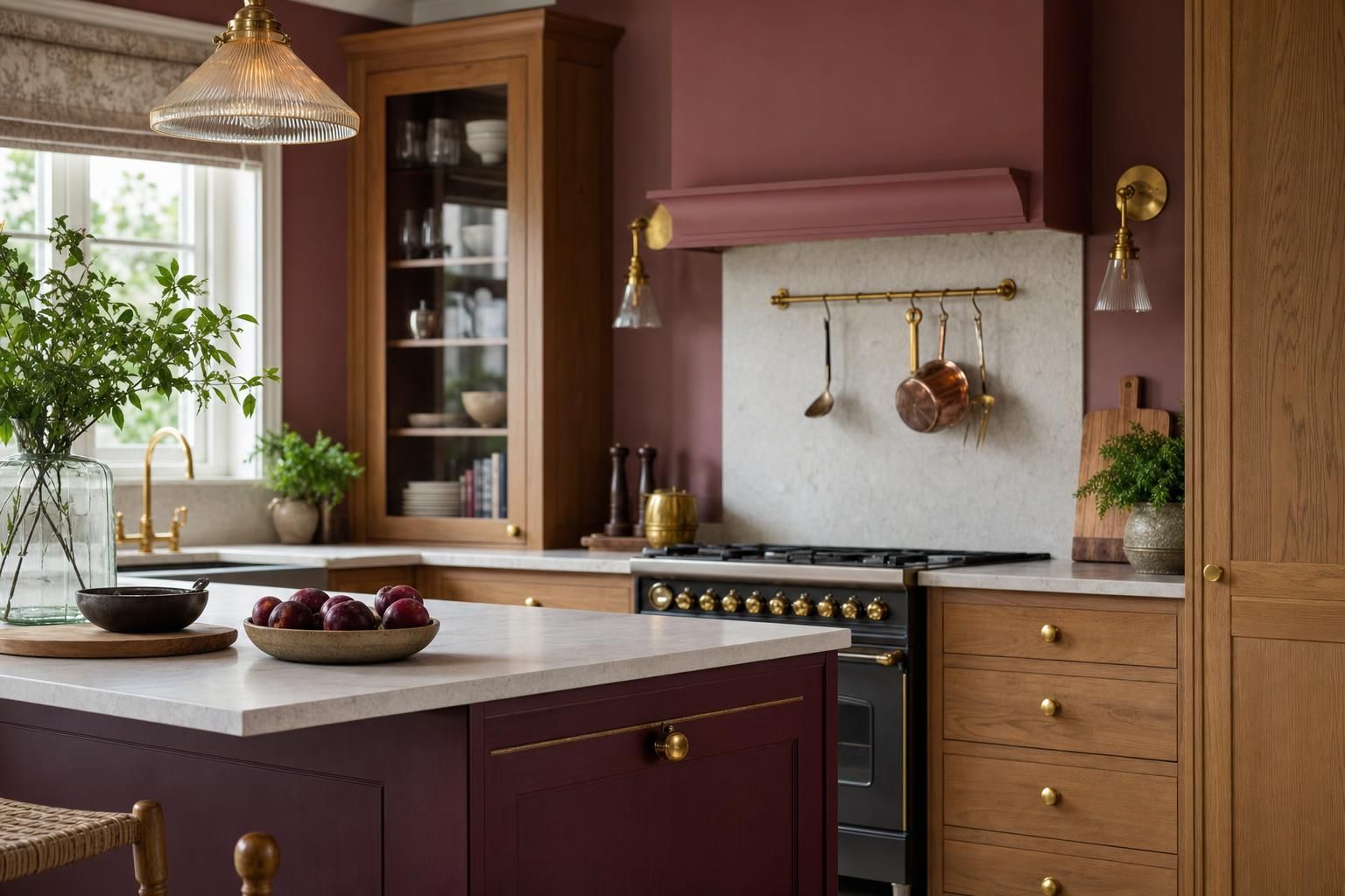 Burgundy Kitchen Ideas for Homes with Warm Cabinet Colours Brass Details and Soft Lighting