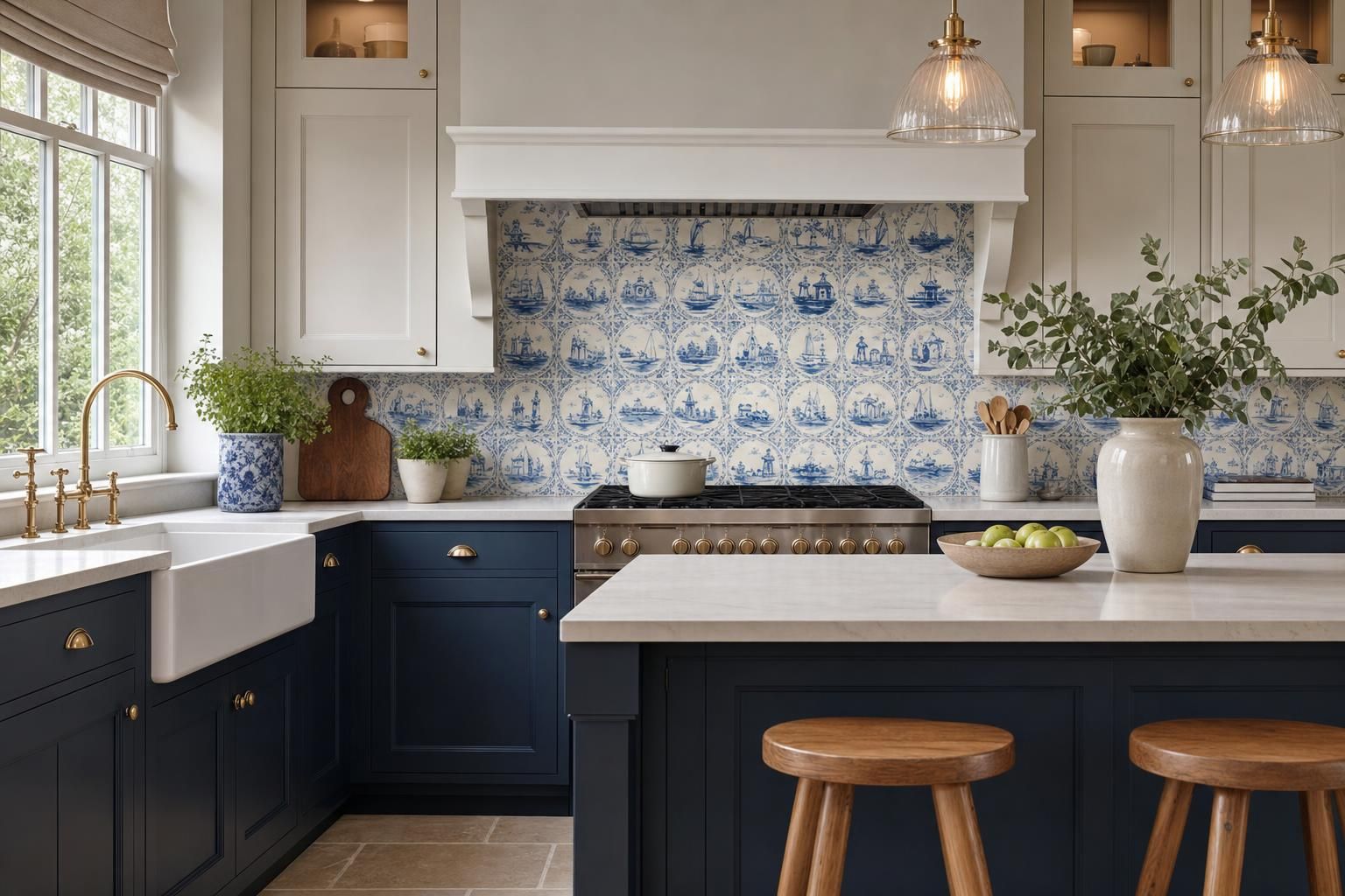 Delft Tile Kitchen Ideas for Homes with Classic Pattern and Modern Colour Contrast