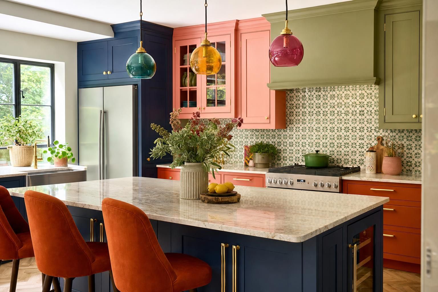 Dopamine Kitchen Ideas for Homes with Bold Cabinets Playful Tiles and Colourful Lighting