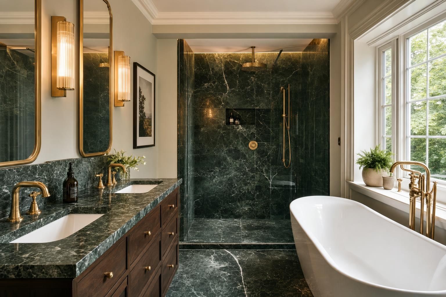 Green Marble Bathroom Ideas for Homes with Brass Brassware and Soft Lighting