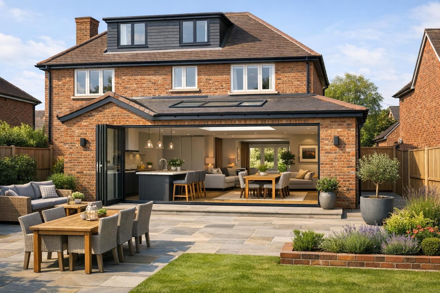 evening street view of a UK terraced house row with smart doorbell, motion‑activated porch light, and indoor smart thermostat highlighted