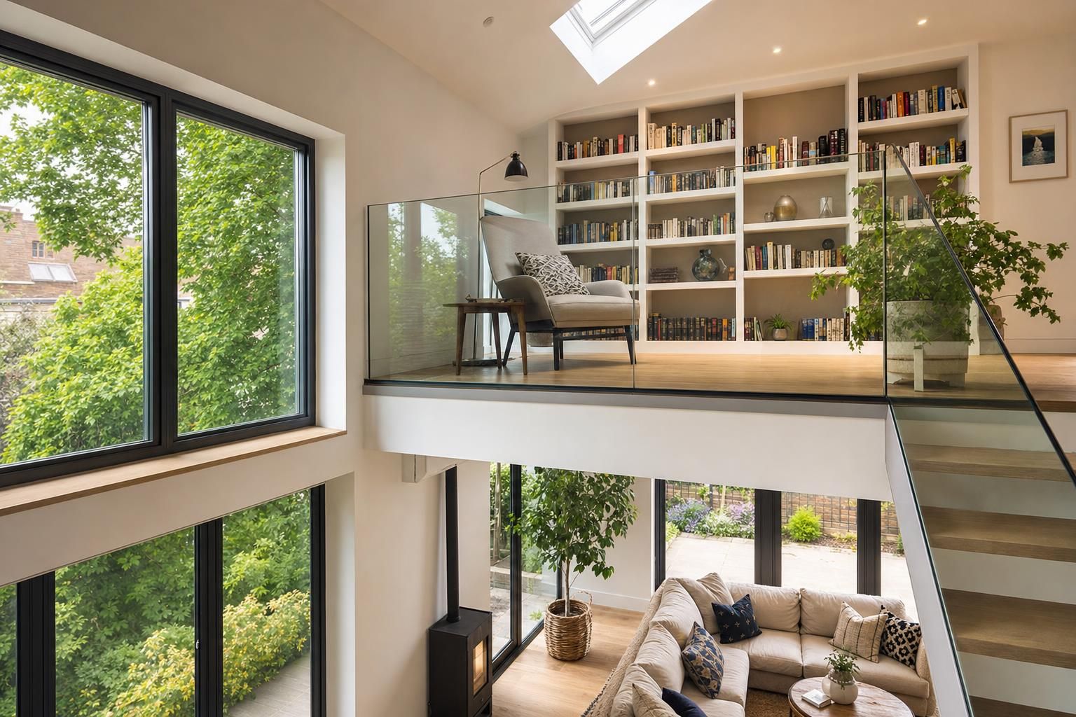 Indoor Balcony Ideas for Homes with Mezzanines Reading Corners and Glass Balustrades