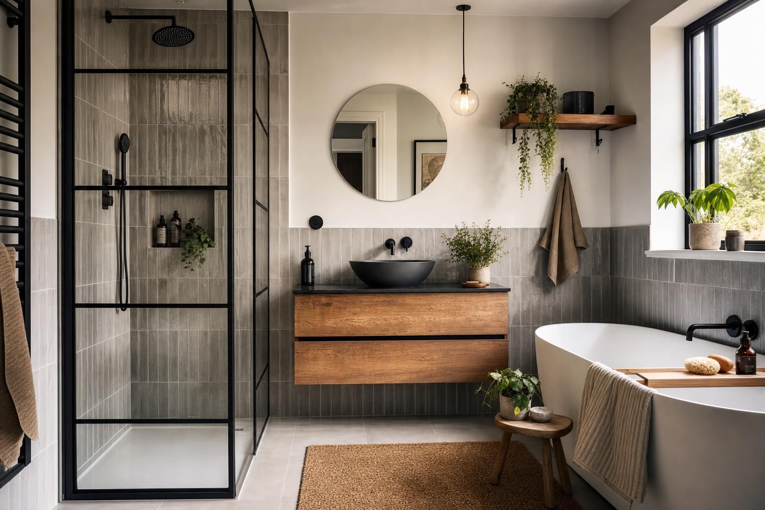 Soft Industrial Bathroom Ideas with Black Accents Warm Woods and Textured Tiles