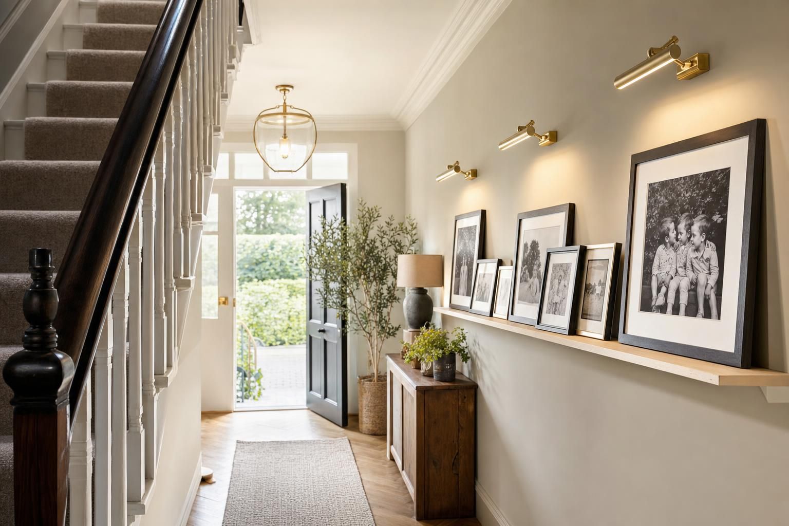 Gallery Landing Ideas for Homes with Picture Ledges Lighting and Family Photos