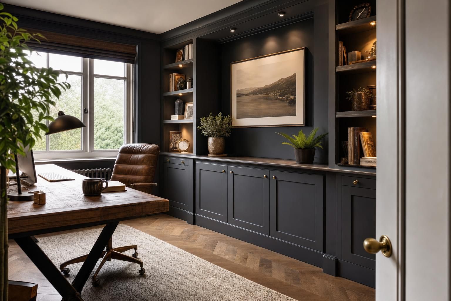 Moody Home Office Ideas for Homes with Dark Paint Clever Lighting and Built In Storage