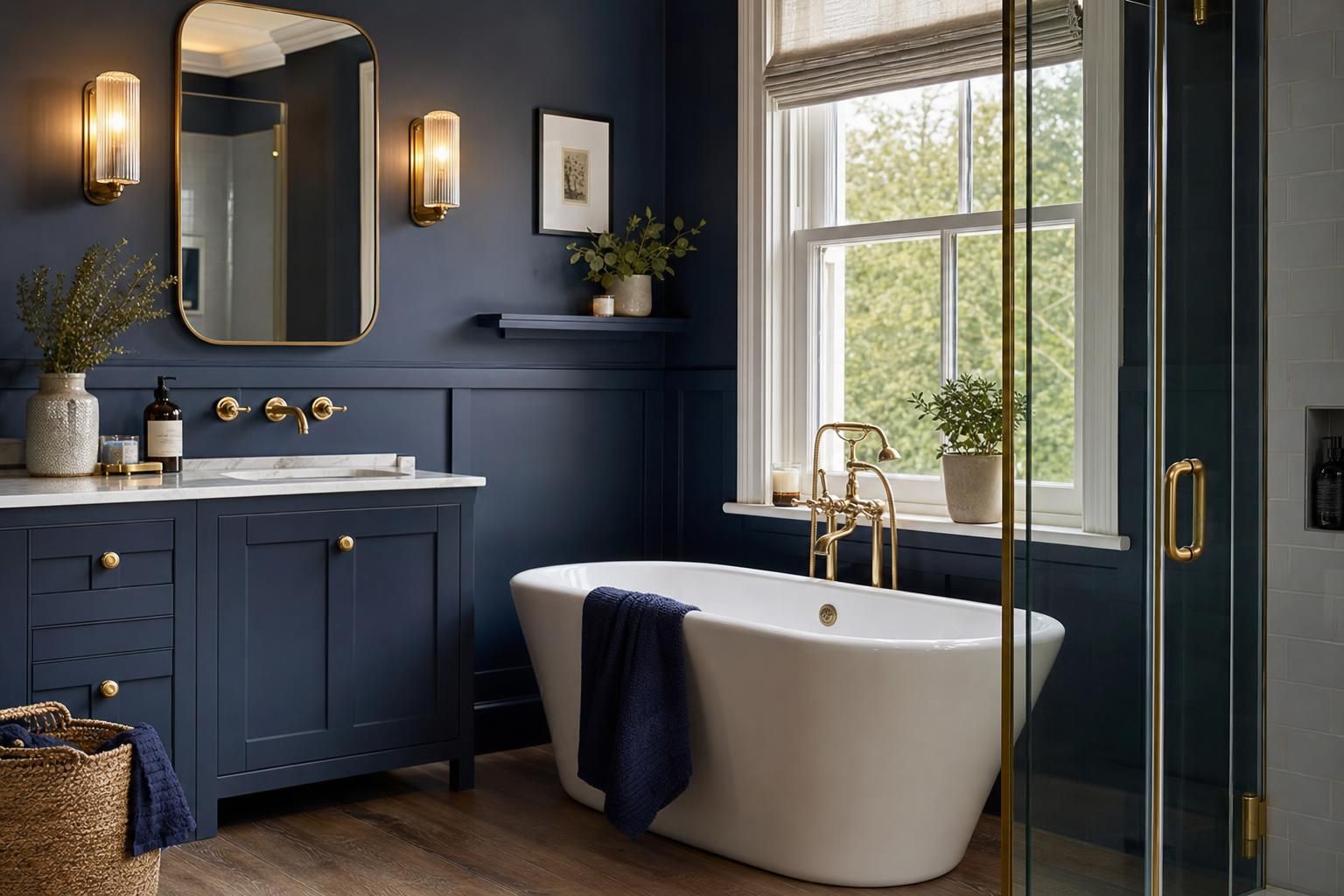 Navy Bathroom Ideas for Homes with Brass Fixtures and Soft Lighting