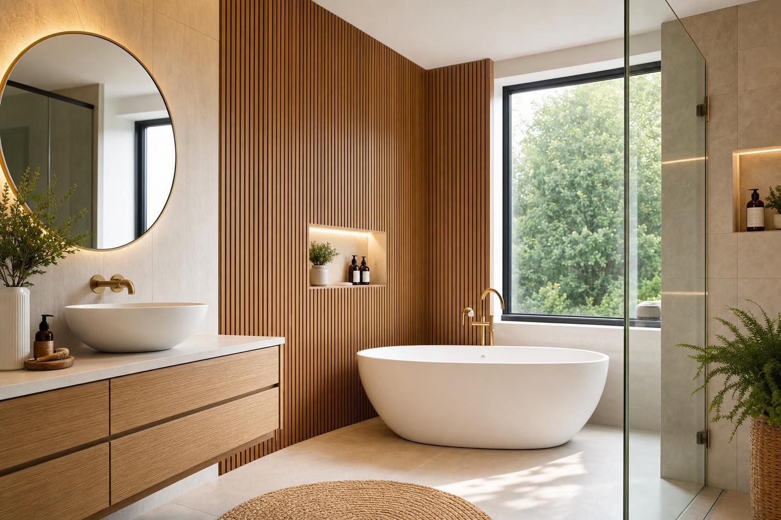Oak Slat Bathroom Ideas for Homes with Spa Style Warmth and Modern Texture