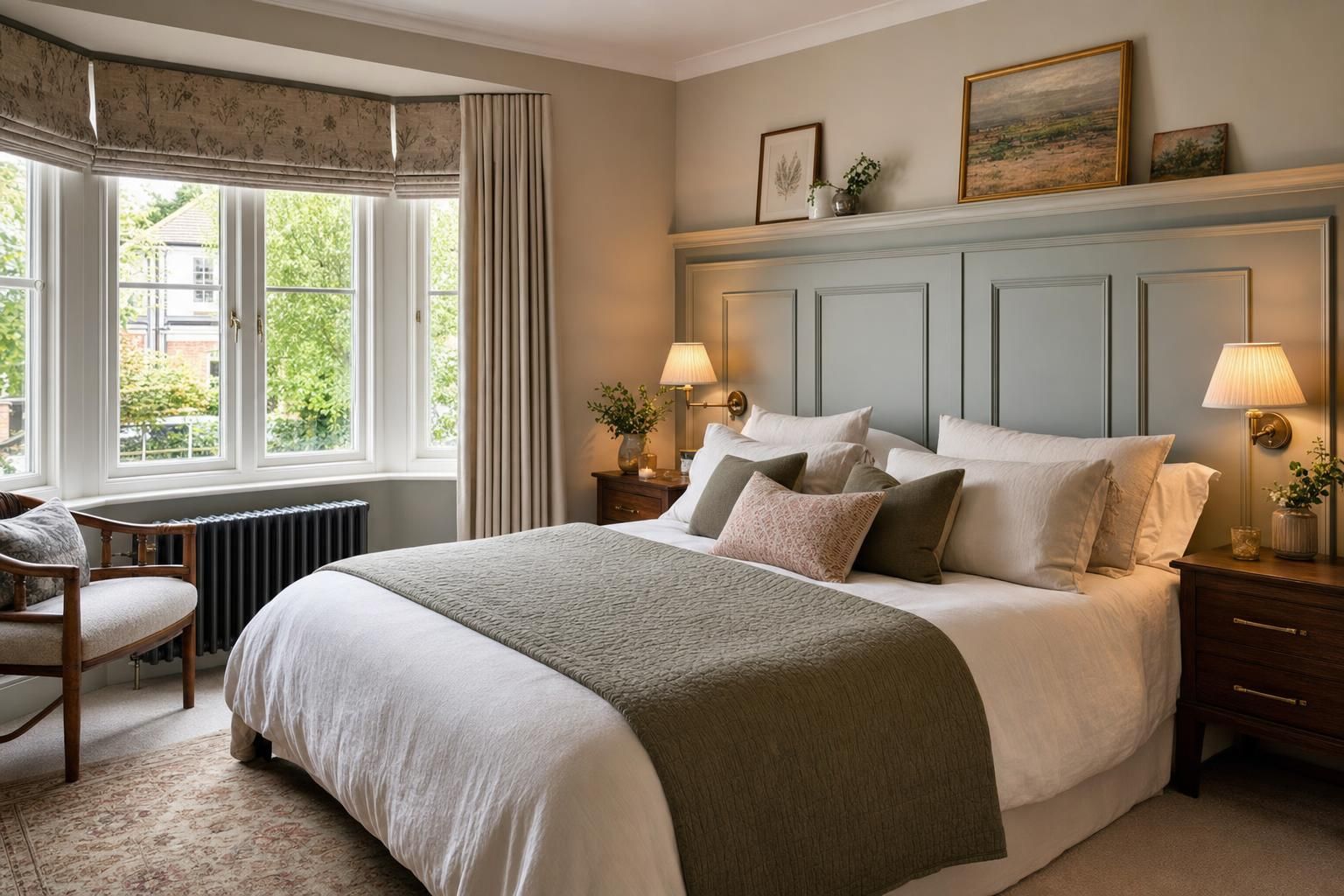 Panelled Bedroom Ideas for Homes with Painted Headboards Picture Rails and Soft Lighting