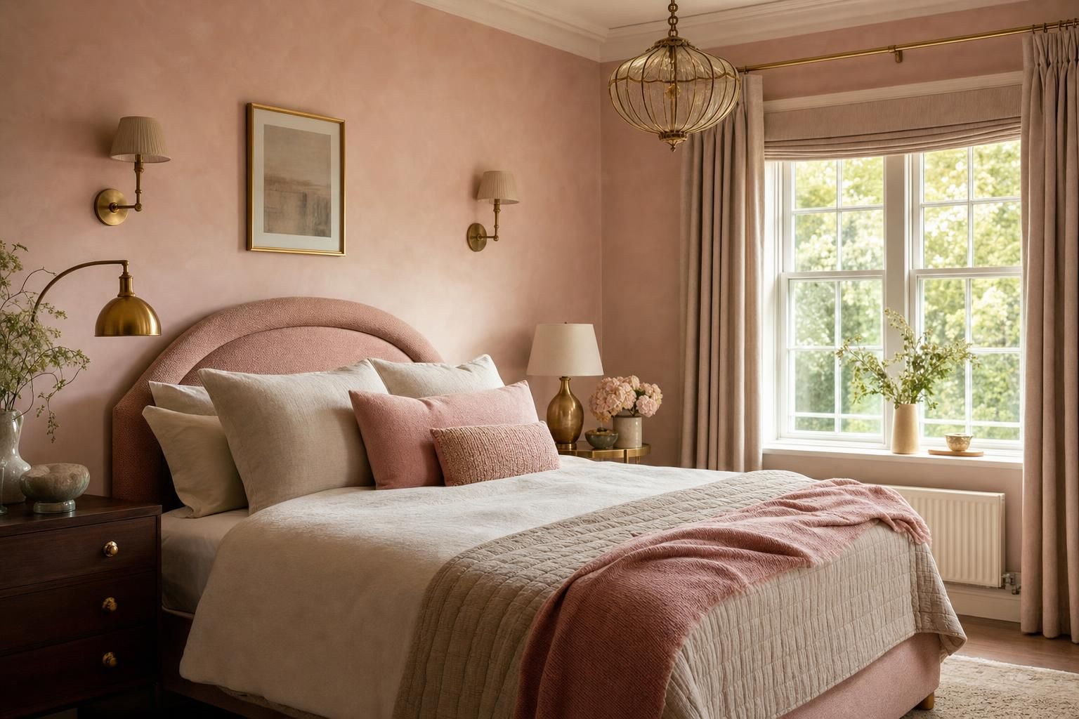 Plaster Pink Bedroom Ideas for Homes with Soft Layers Brass Details and Warm Lighting