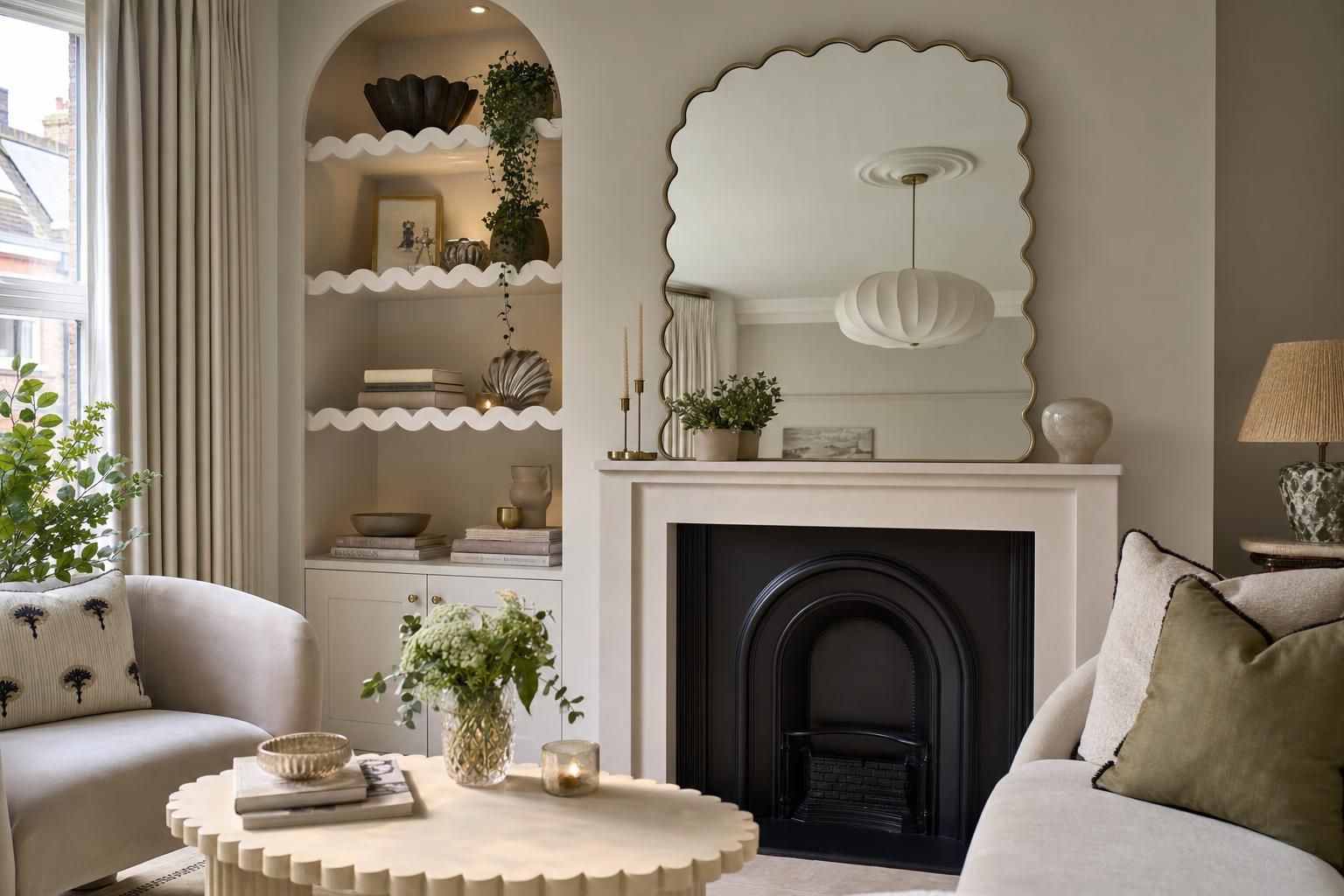 Scalloped Edge Decor Ideas for Homes with Mirrors Shelving and Soft Curves