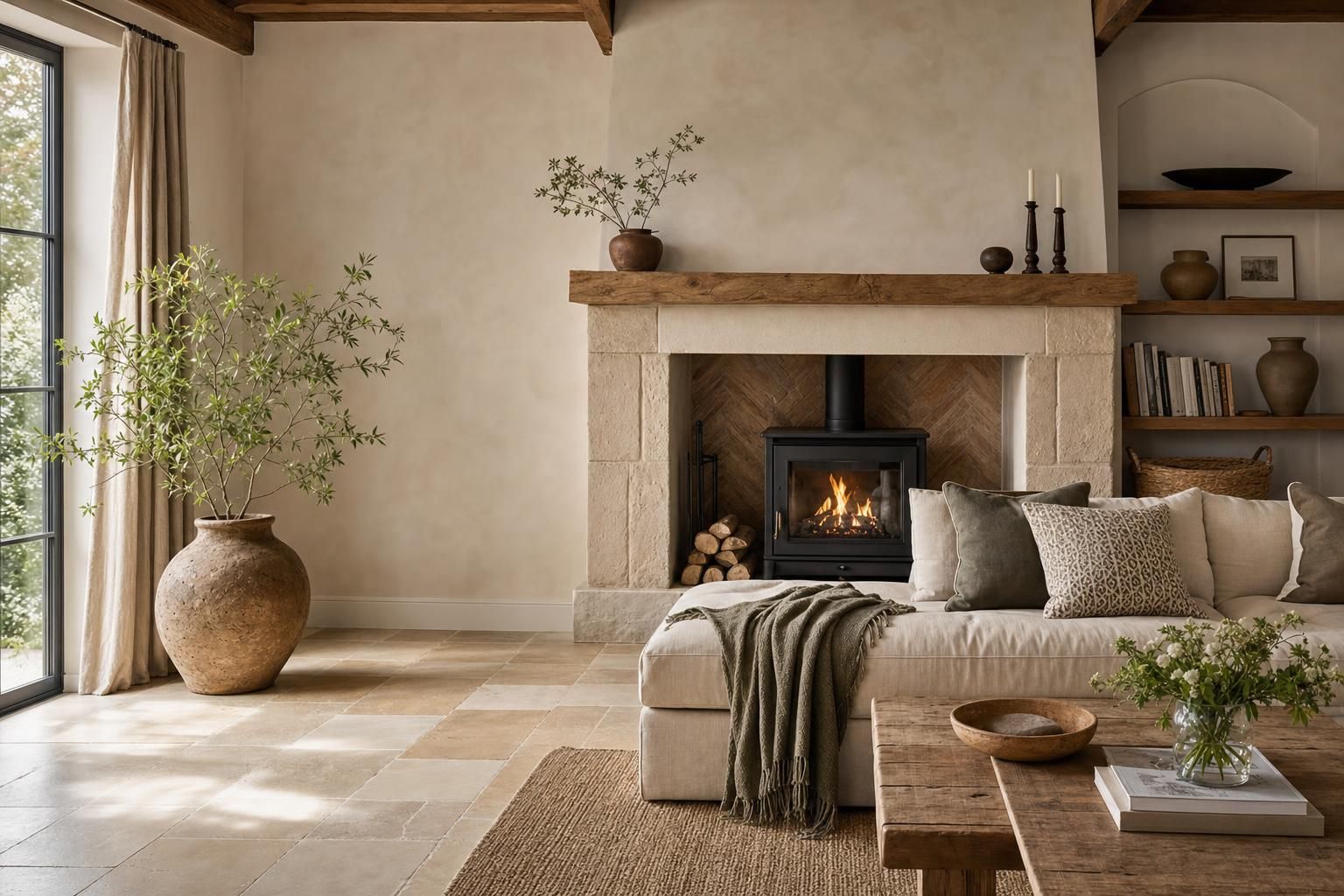 Stone Drenching Ideas for Homes with Limewash Textured Walls and Soft Neutral Layers
