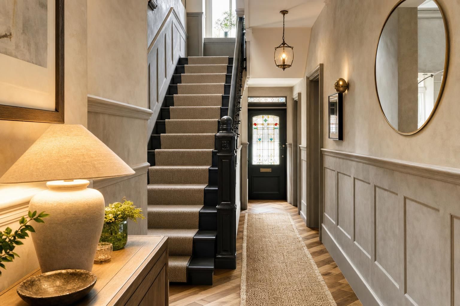 Textured Hallway Ideas for Homes with Limewash Panelling and Warm Lighting