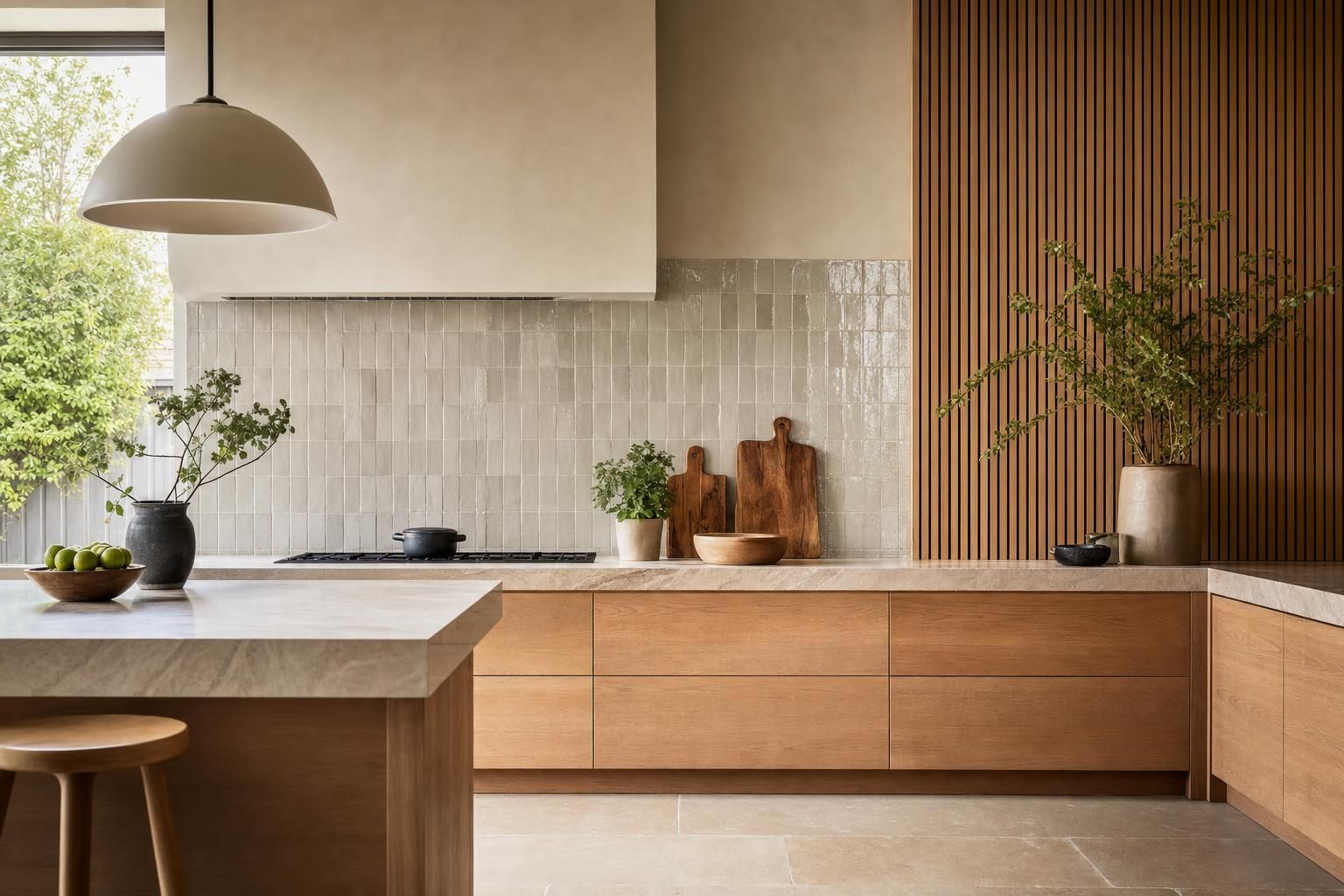 Textured Kitchen Wall Ideas for Homes with Zellige Limewash and Slatted Wood