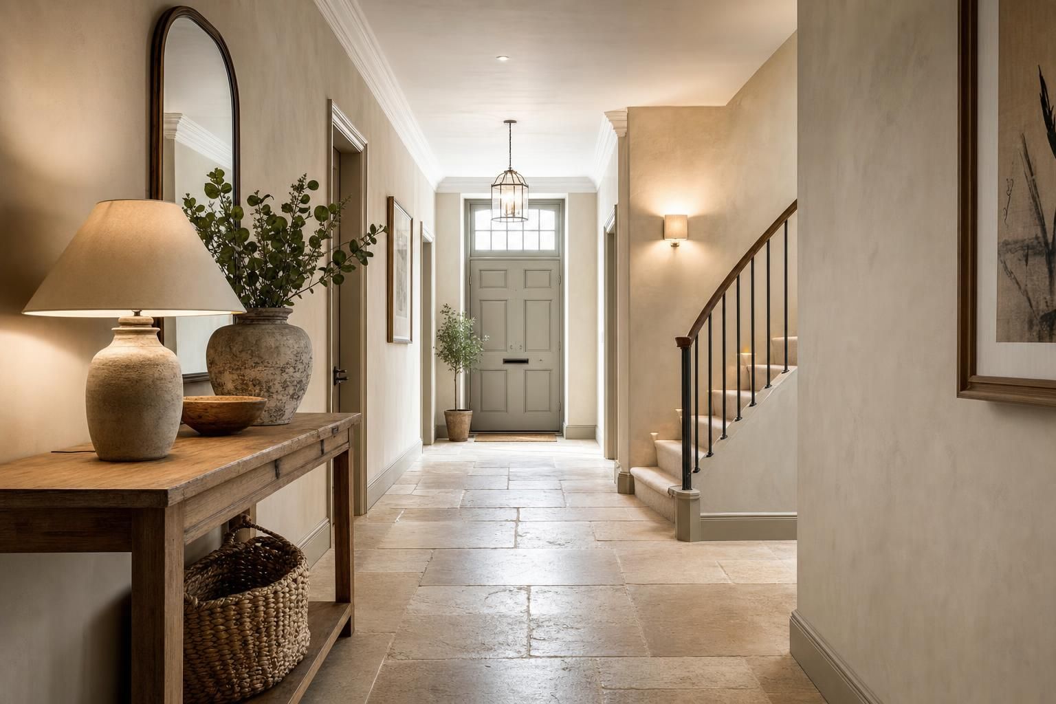 Warm Stone Hallway Ideas for Homes with Limewash Walls Natural Flooring and Soft Lighting