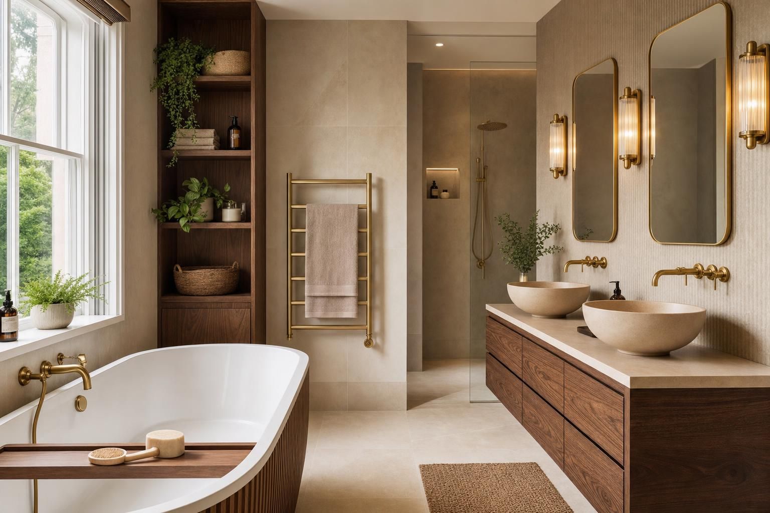 Warm Walnut Bathroom Ideas for Homes with Brass Details and Spa Style Texture