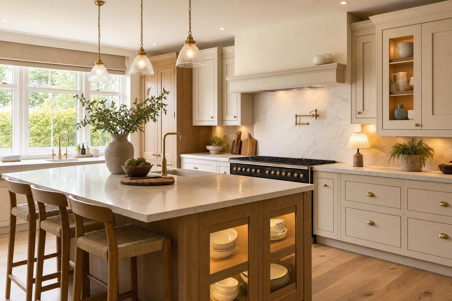 Warm White Kitchen Ideas for Homes with Oak Tones Brass Details and Soft Layered Lighting